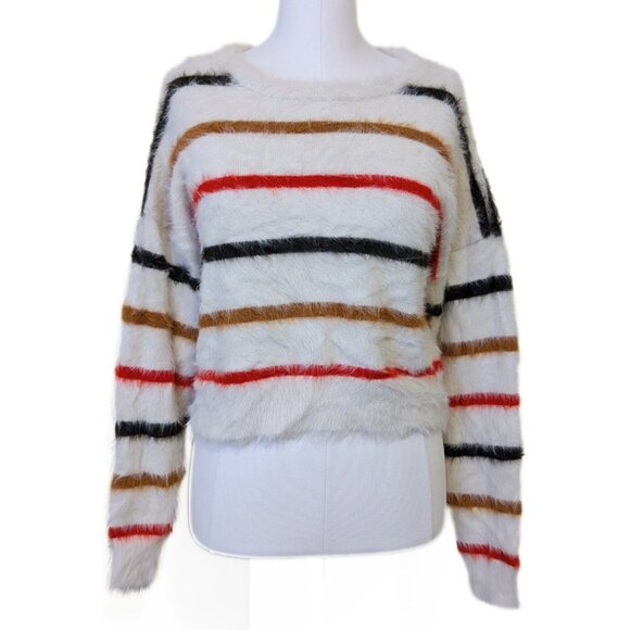 Fuzzy Striped Sweater Drop Shoulder Long Sleeve Colourful Spring White Green Red - Picture 1 of 5